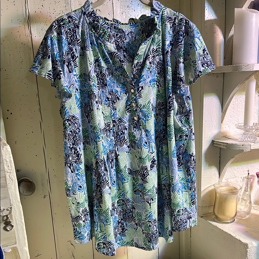 Kim Rogers Blue Flutter Sleeve Blouse with Polo Collar